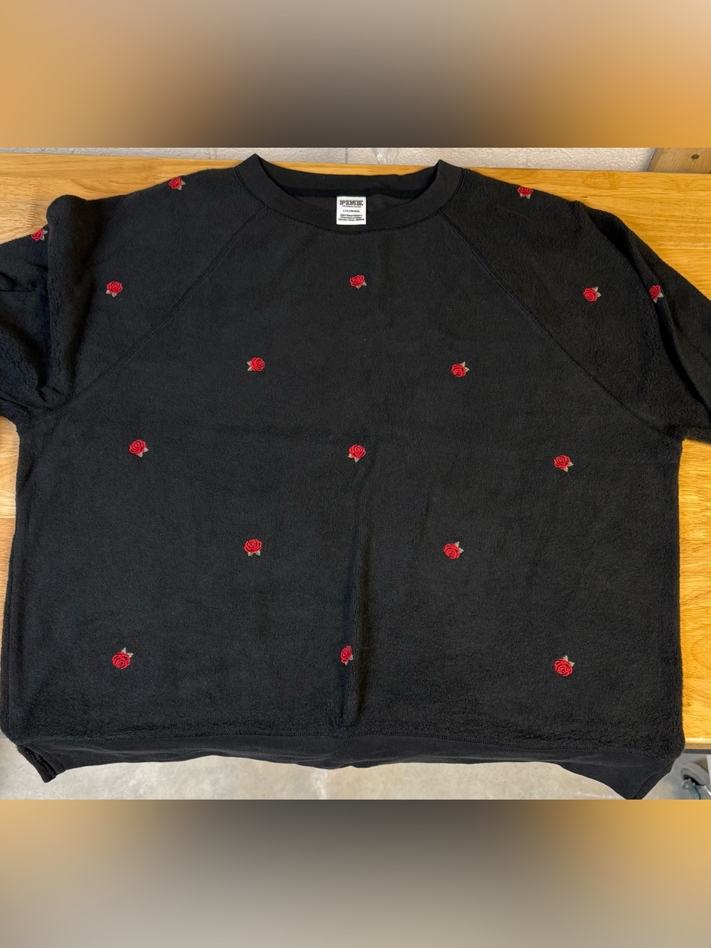 PINK Victoria's Secret Black Sweatshirt with Red Rose Embroidery